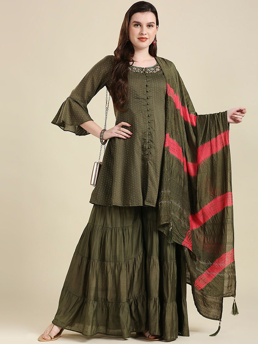 

MADHURAM Women Green Empire Aari Work Chanderi Cotton Kurta Set With Dupatta