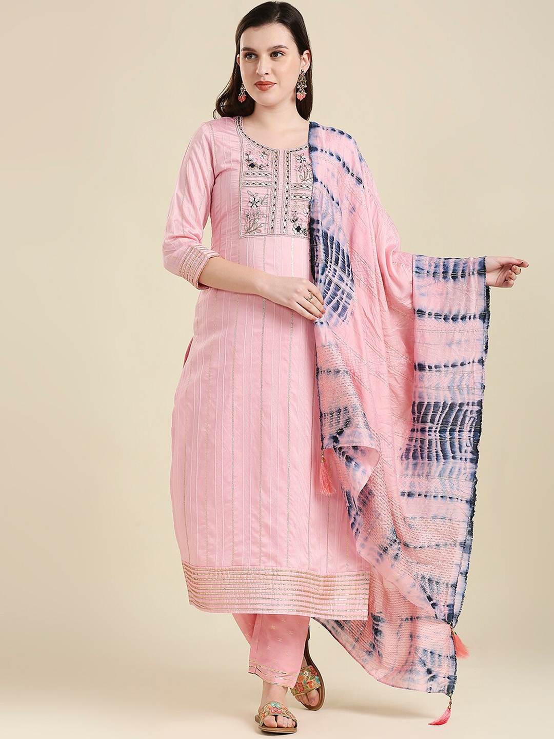 

MADHURAM Women Pink Aari Work Chanderi Cotton Kurta with Trousers & With Dupatta