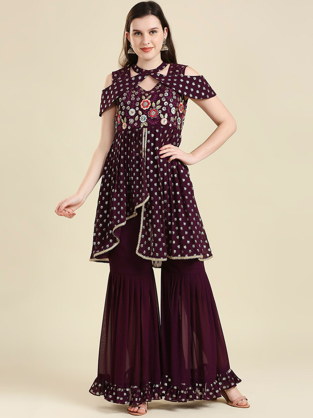 

MADHURAM Women Maroon Floral Printed Empire Thread Work Silk Georgette Kurta with Sharara