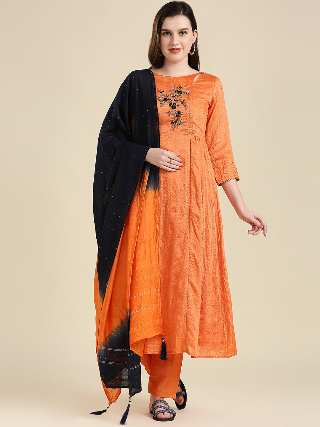 

MADHURAM Women Orange Embroidered Chanderi Cotton Kurta with Trousers & With Dupatta