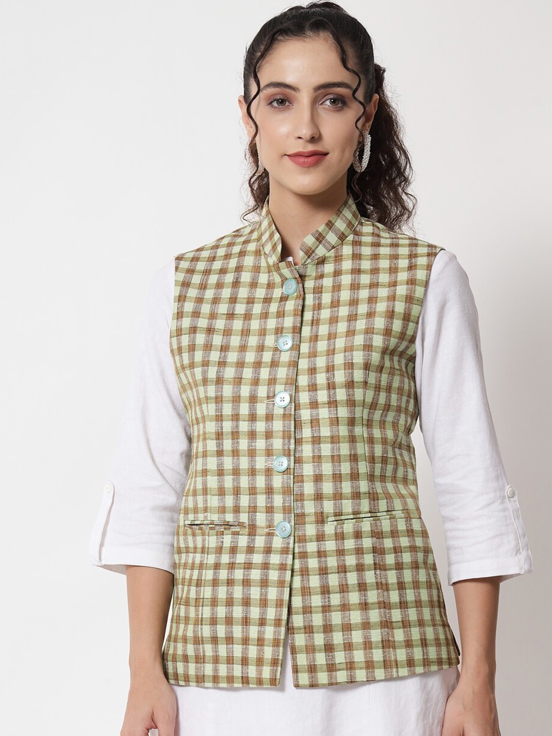 

Vastraa Fusion Women Green Checked Woven Nehru Jacket