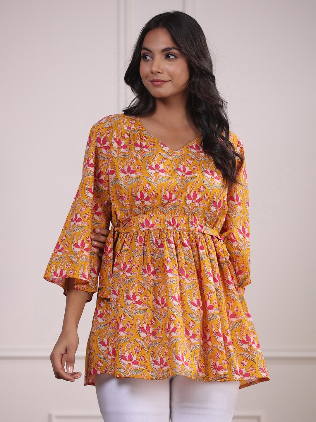 

JISORA Mustard Yellow Floral Print Cotton Peplum Longline Top