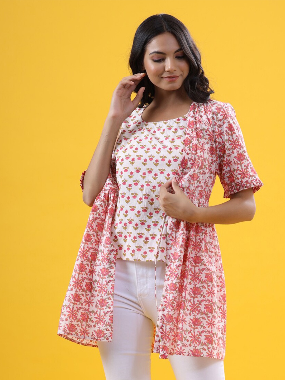 

JISORA Floral Print Pure Cotton Top With Shrug, White