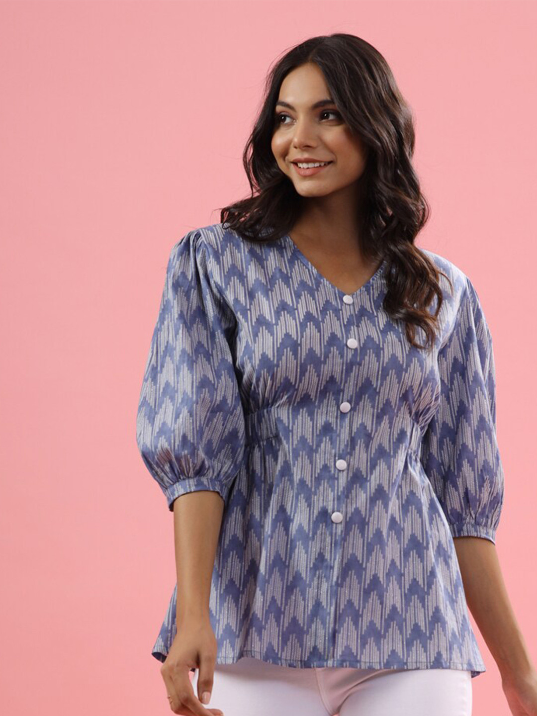 

JISORA Grey Geometric Print Pure Cotton Peplum Top