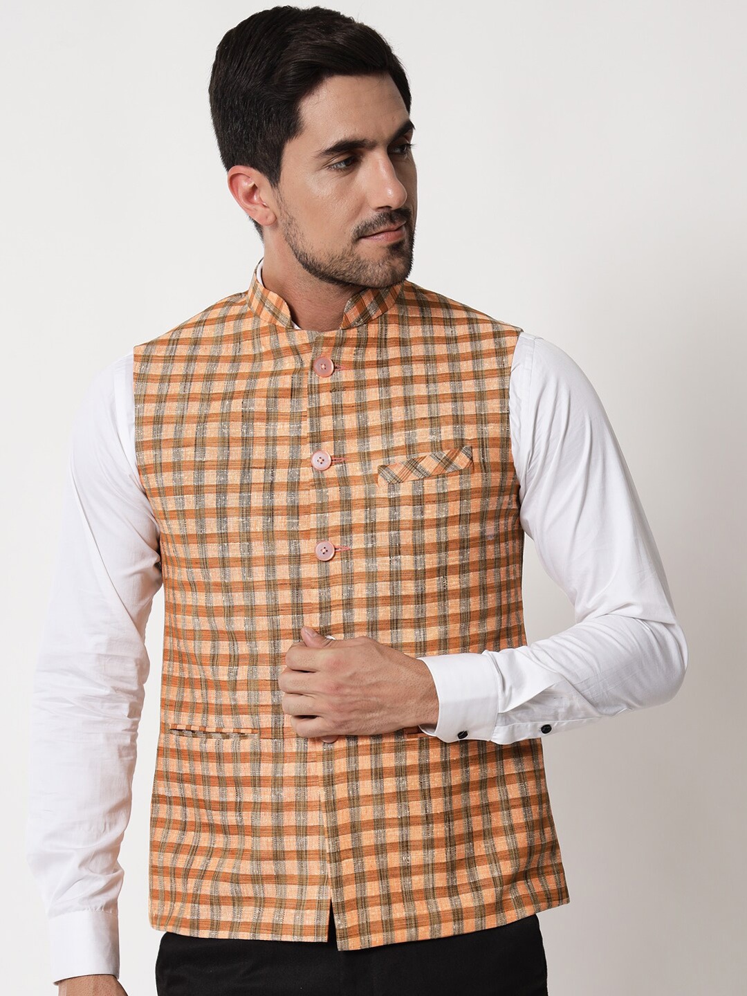 

Vastraa Fusion Men Orange Checked Woven Nehru Jackets