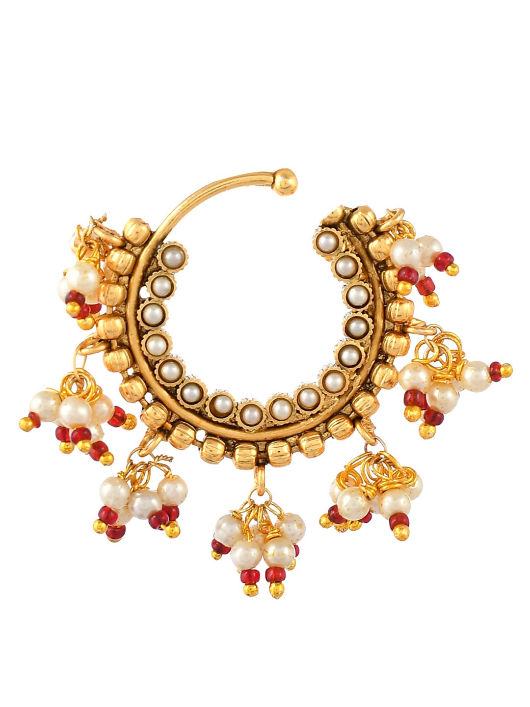 

Shoshaa Gold-Plated Maroon & White Stone Studded & Beaded Nosepin, Silver