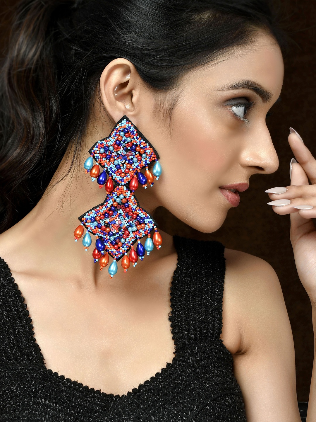 

Shoshaa Blue & Red Star Shaped Fabric drop earrings