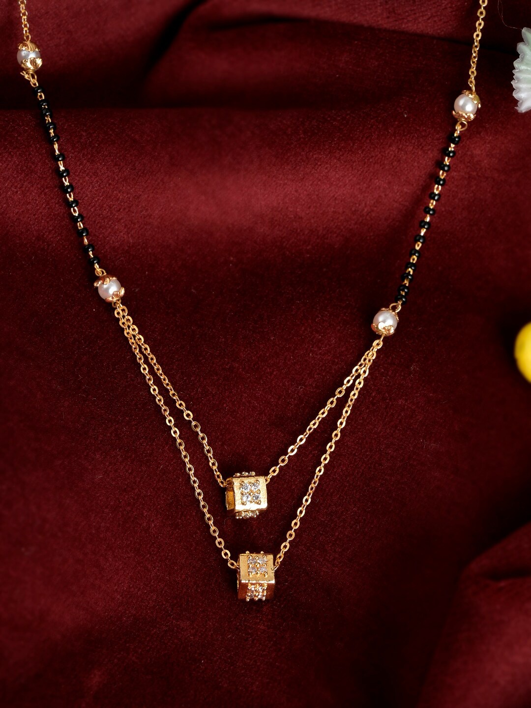 

Shoshaa Gold-Plated White Stones & Black Beads Layered Mangalsutra