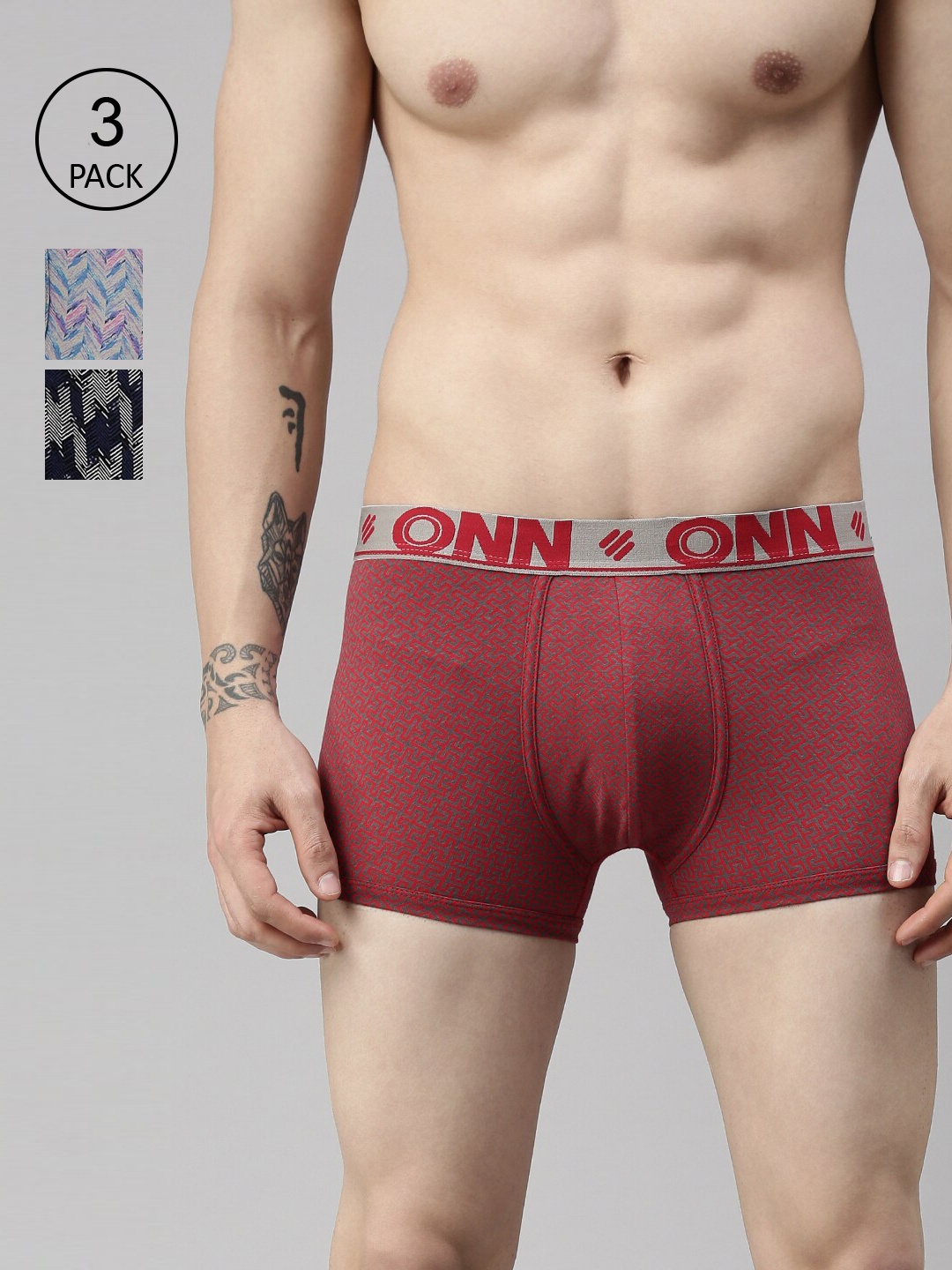 

ONN Men Pack Of 3 Assorted Printed Pure Cotton Outer Elastic Trunk