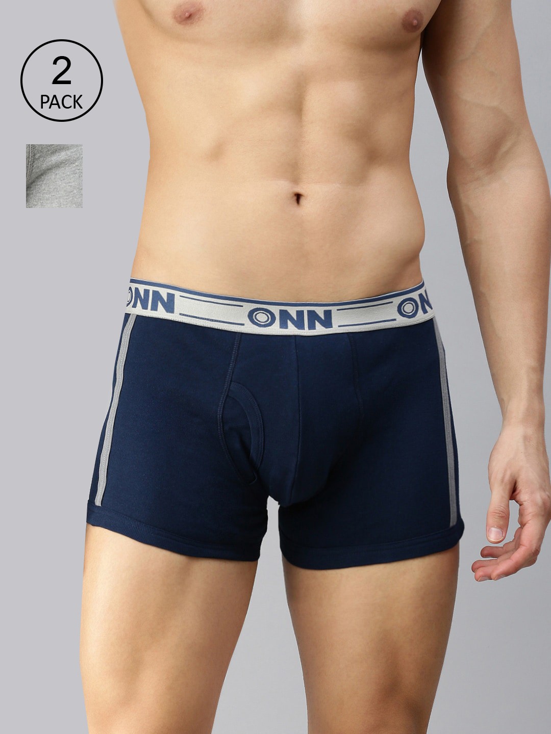 

ONN Men Pack Of 2 Airforce Blue & Light Grey Solid Outer Elastic Cotton Blend Short Trunk