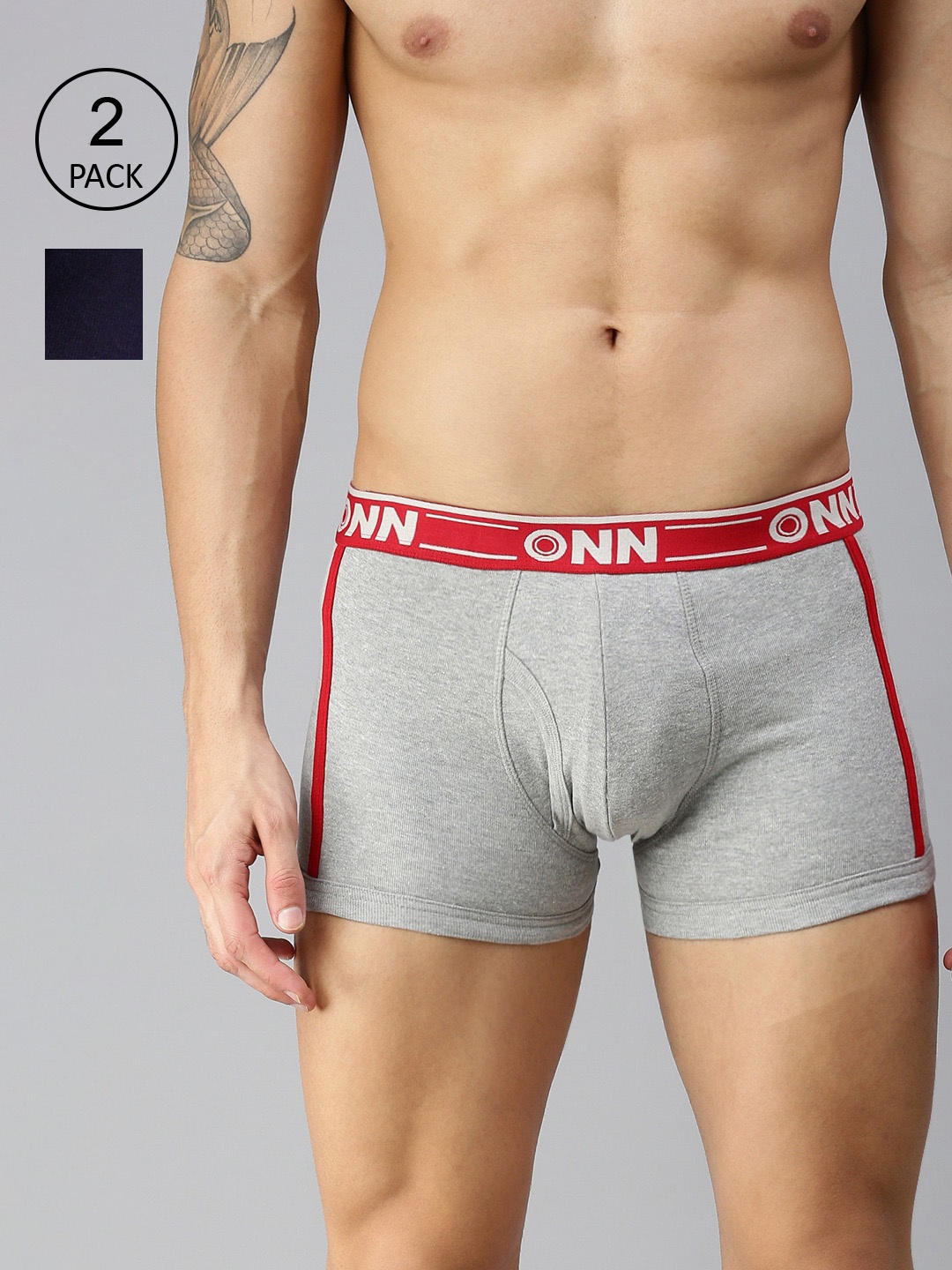 

ONN Men Pack Of 2 Grey & Navy Blue Solid Assorted Cotton Blend Short Trunk