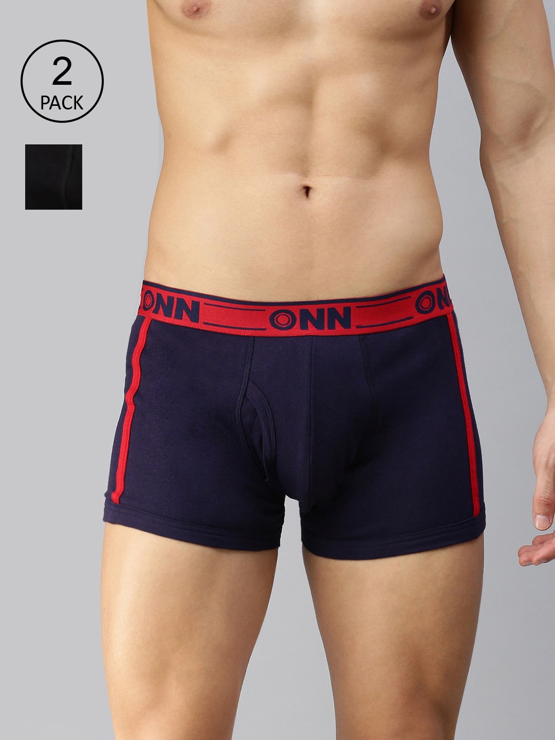 

ONN Men Pack Of 2 Black & Navy Blue Solid Assorted Cotton Blend Short Trunk