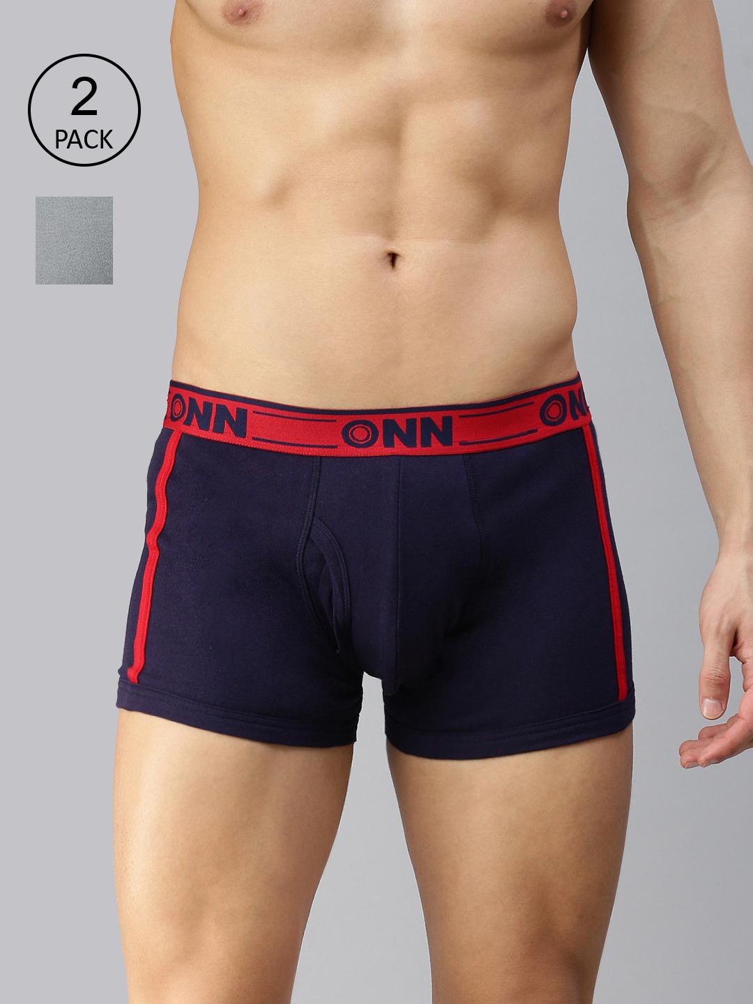 

ONN Men Pack Of 2 Grey Melange & Navy Blue Solid Assorted Cotton Blend Short Trunk