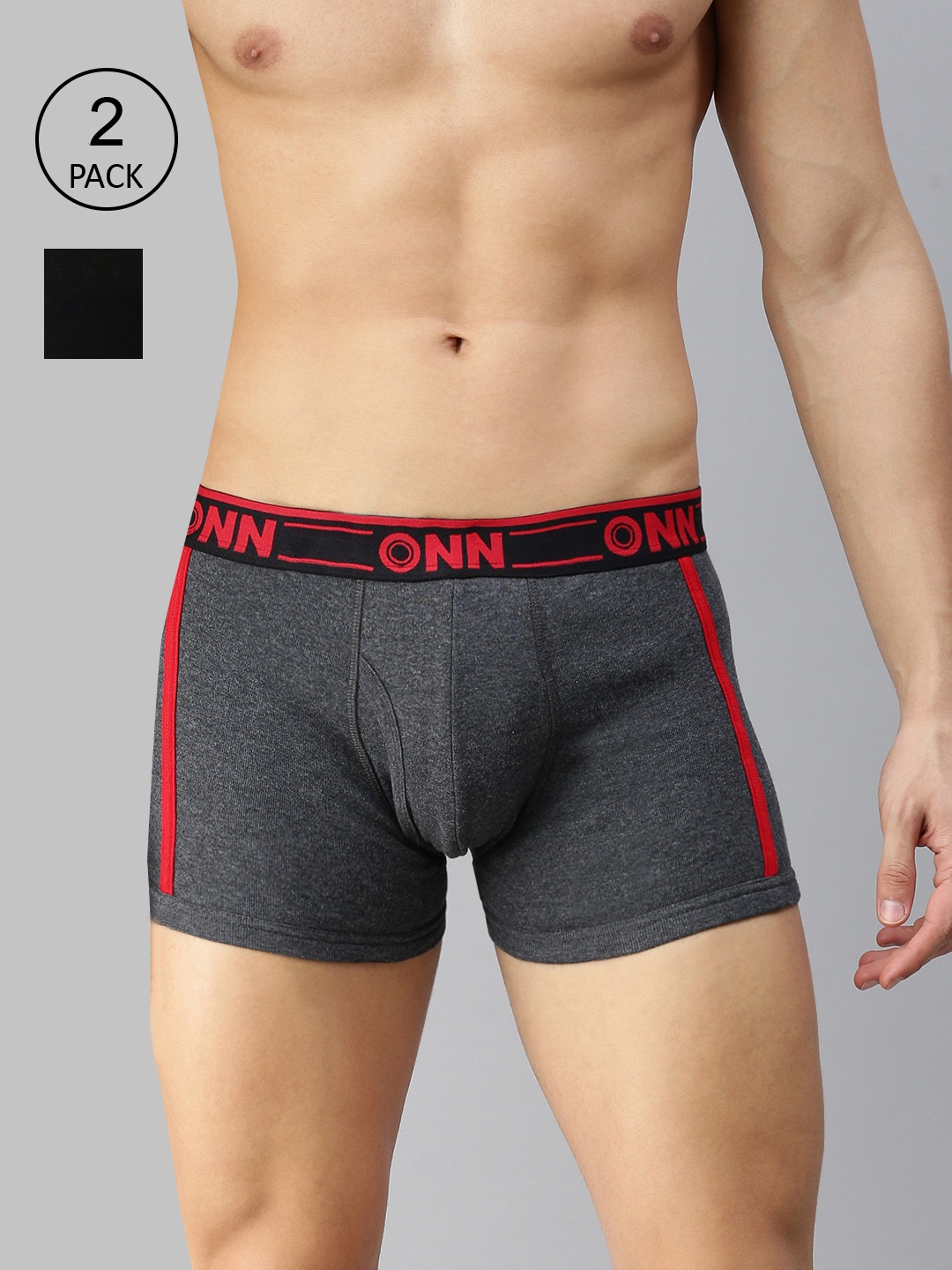 

ONN Men Pack Of 2 Black & Grey Melange Solid Cotton Blend Short Trunk