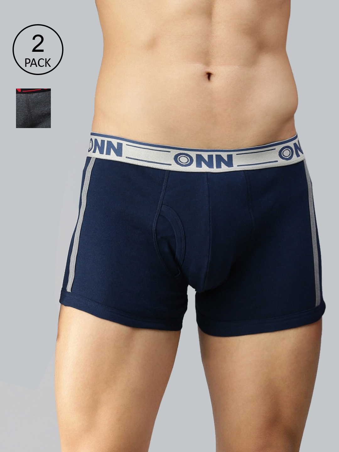 

ONN Men Pack Of 2 Navy Blue & Charcoal Solid Cotton Blend Short Trunk