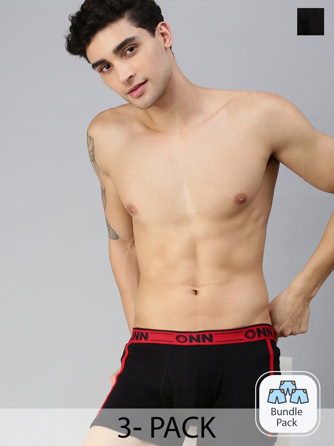

ONN Men Pack Of 3 Black Solid Assorted Cotton Blend Short Trunk