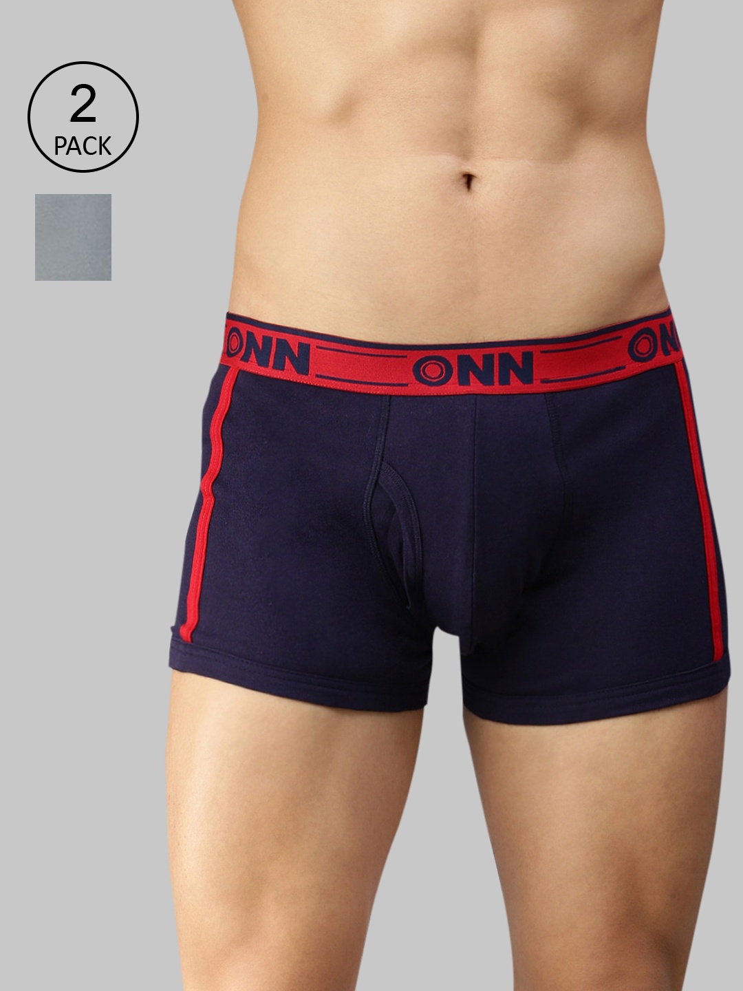 

ONN Men Pack Of 2 Charcoal & Navy Blue Solid Assorted Cotton Blend Short Trunk