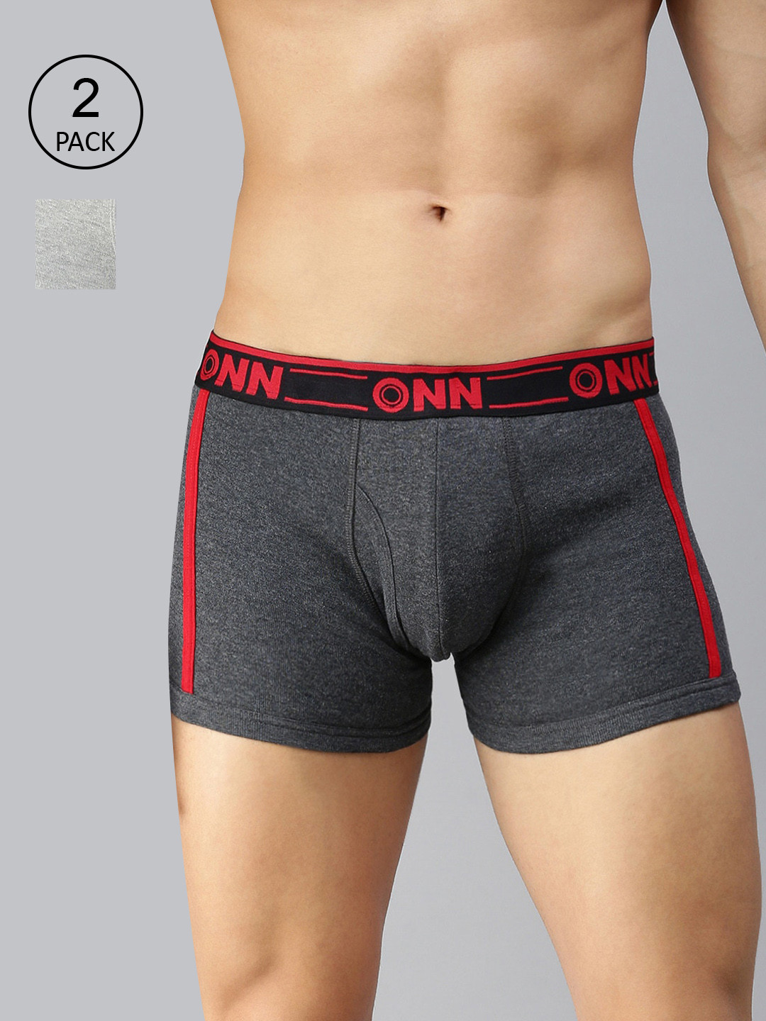 

ONN Men Pack of 2 Charcoal Grey & Grey Melange Solid Cotton Blend Short Trunk