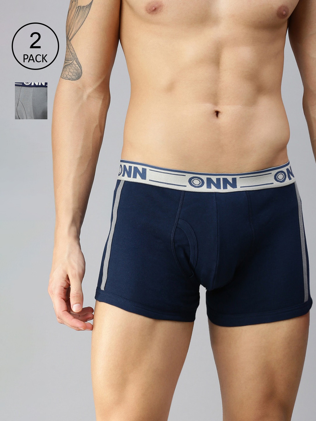 

ONN Men Pack Of 2 Navy Blue & Grey Melange Cotton Blend Short Trunk