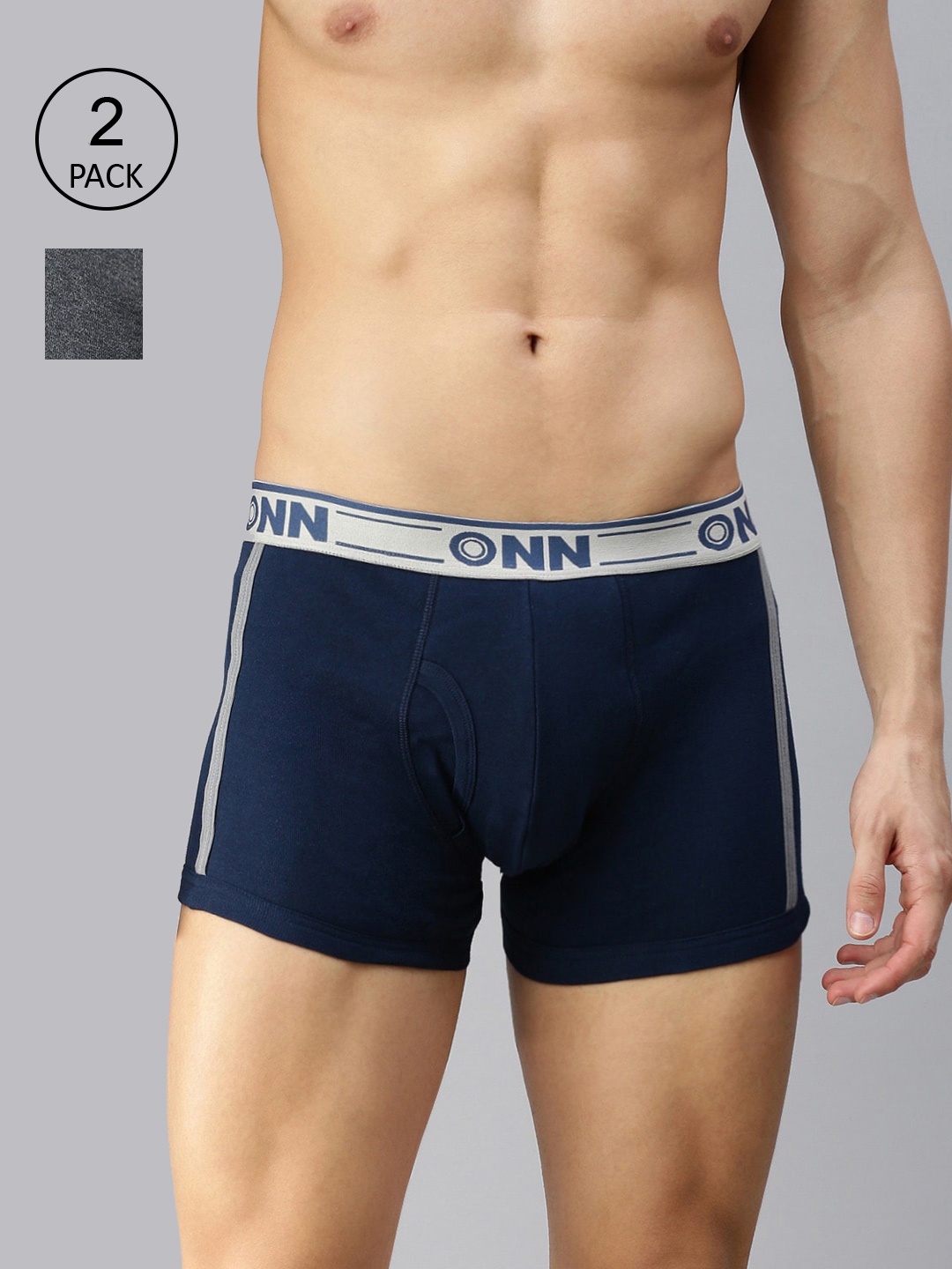 

ONN Men Pack of 2 Navy Blue & Charcoal Solid Cotton Blend Short Trunk