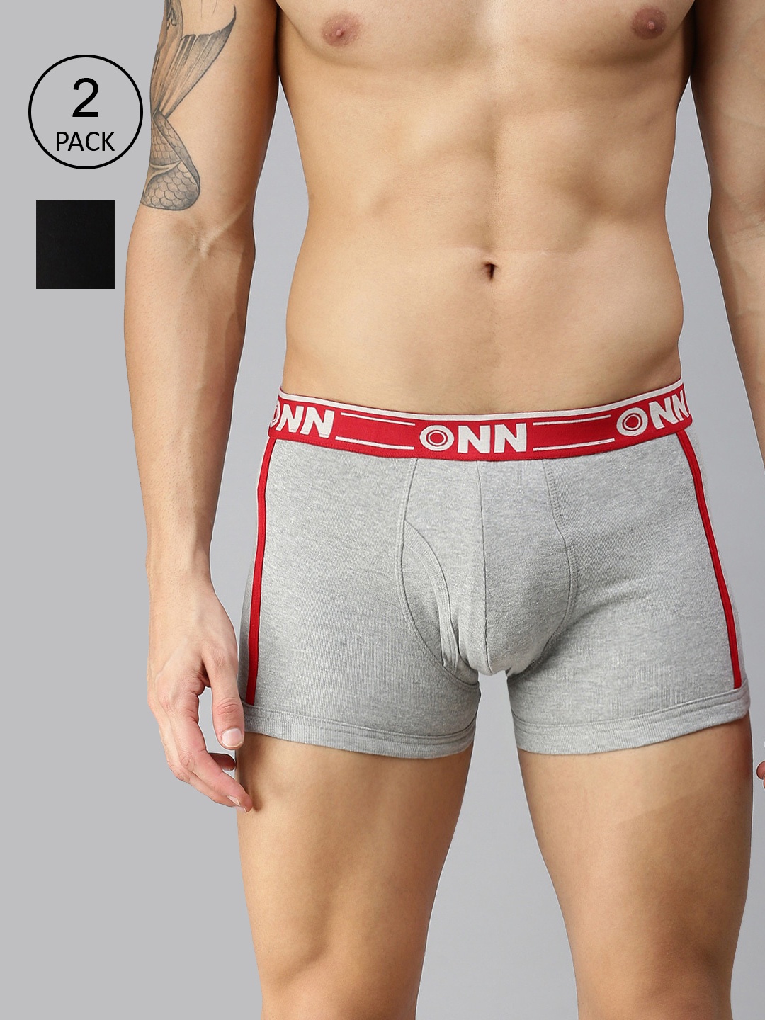 

ONN Men Pack of 2 Black & Grey Solid Cotton Blend Short Trunk