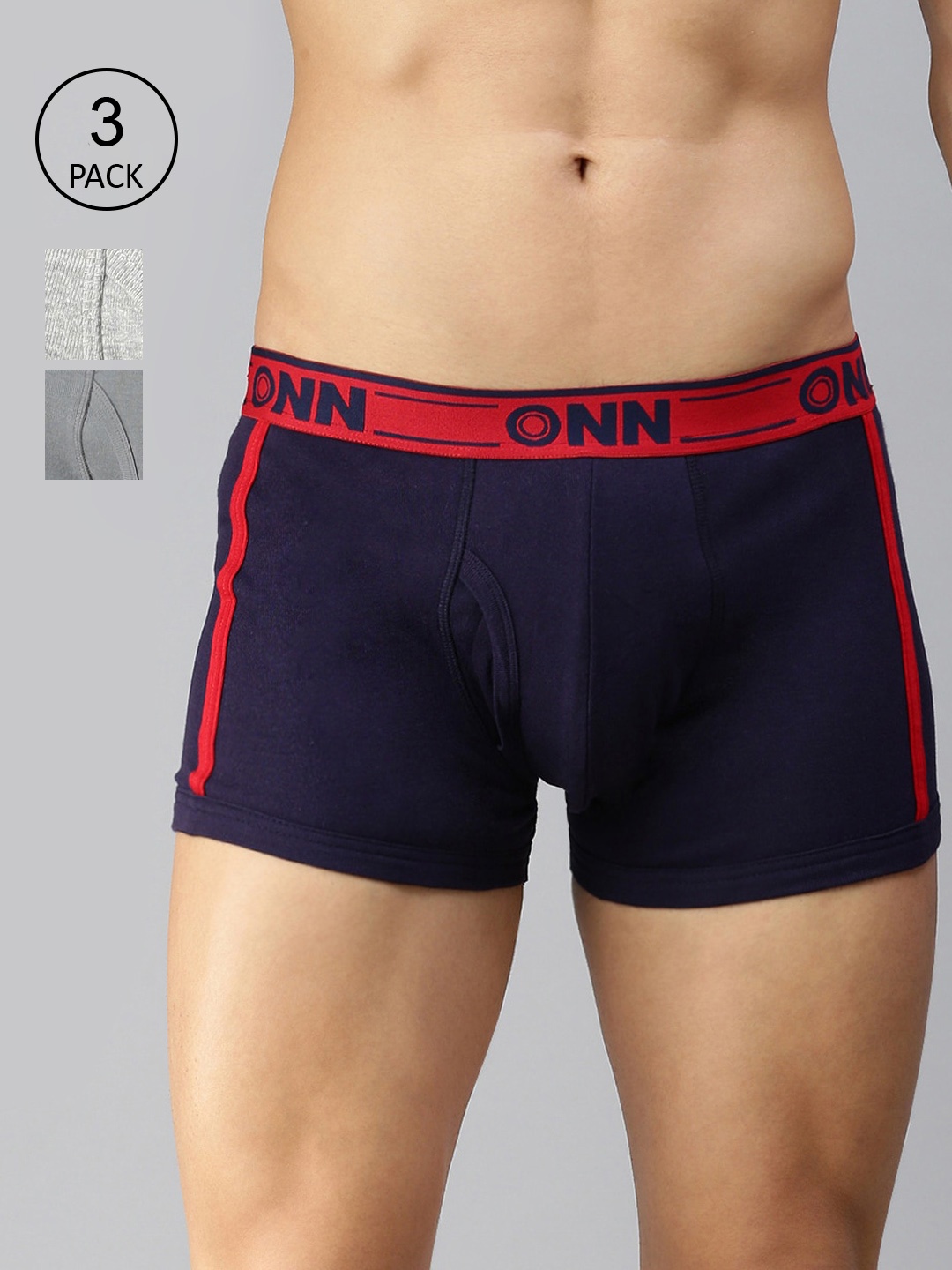 

ONN Men Pack of 3 Grey & Navy Blue Solid Assorted Cotton Blend Short Trunk, Grey melange