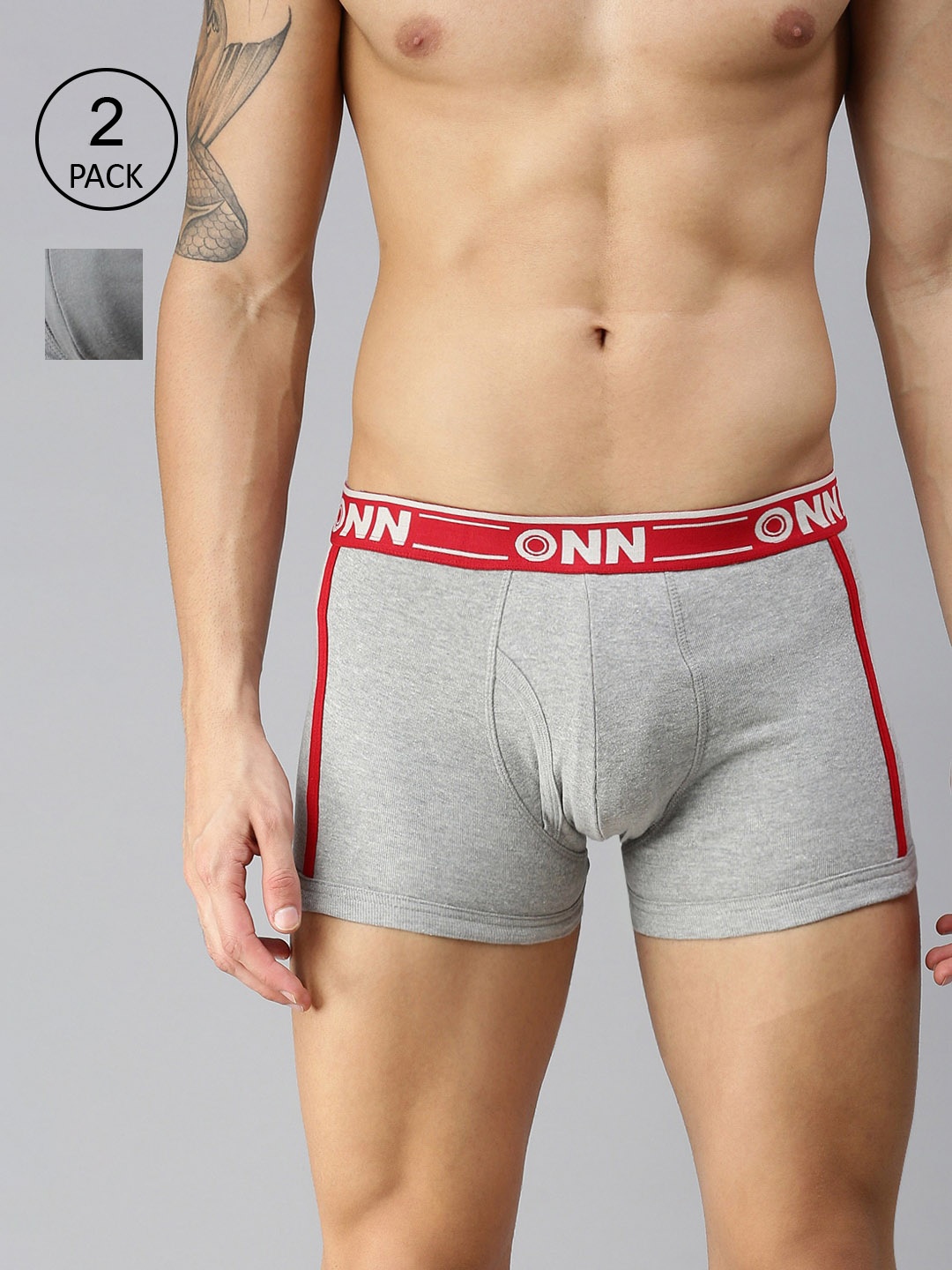 

ONN Men Pack Of 2 Grey Solid Cotton Blend Short Trunk, Grey melange