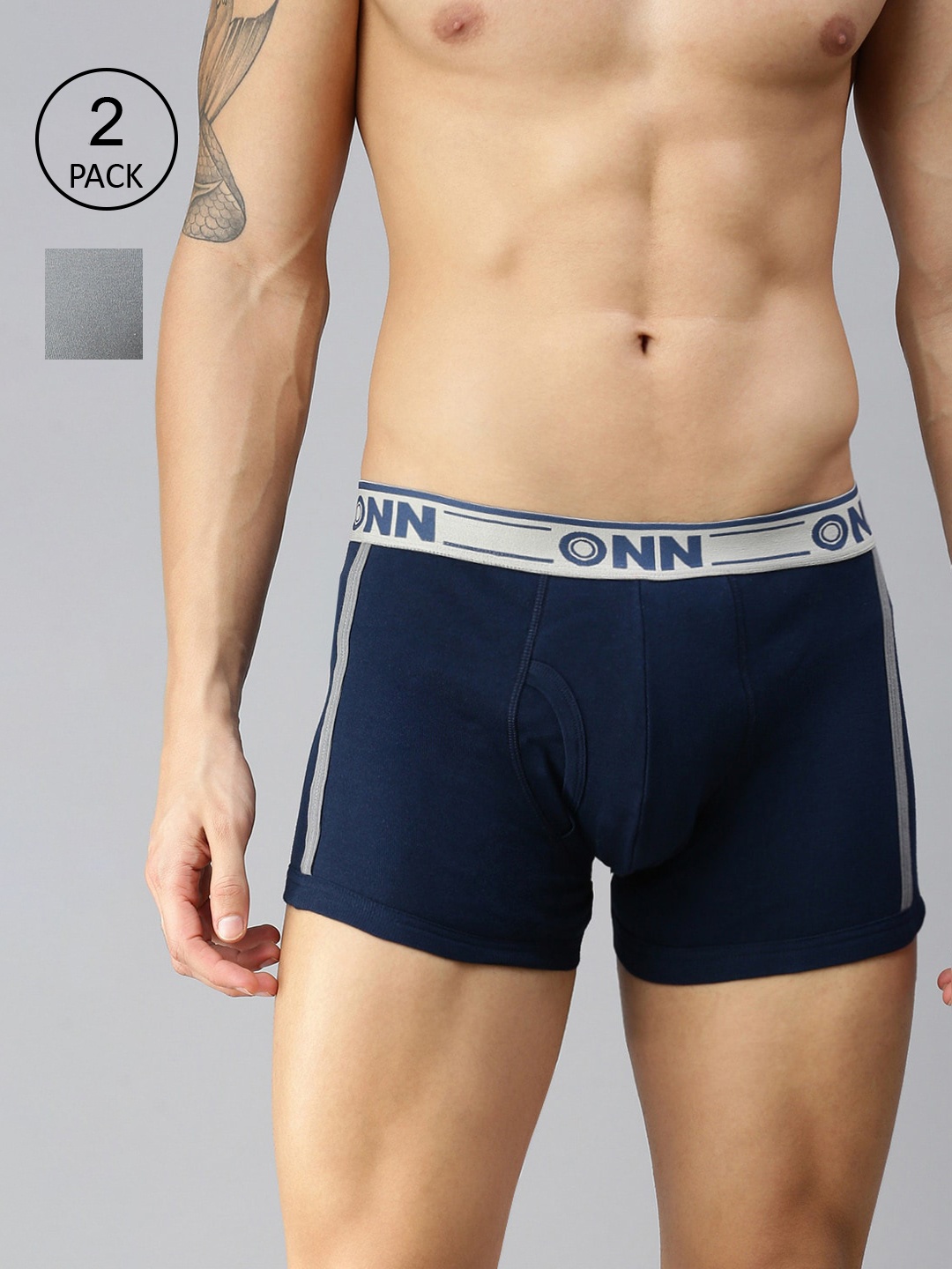 

ONN Men Pack Of 2 Navy Blue & Grey Solid Cotton Blend Short Trunk