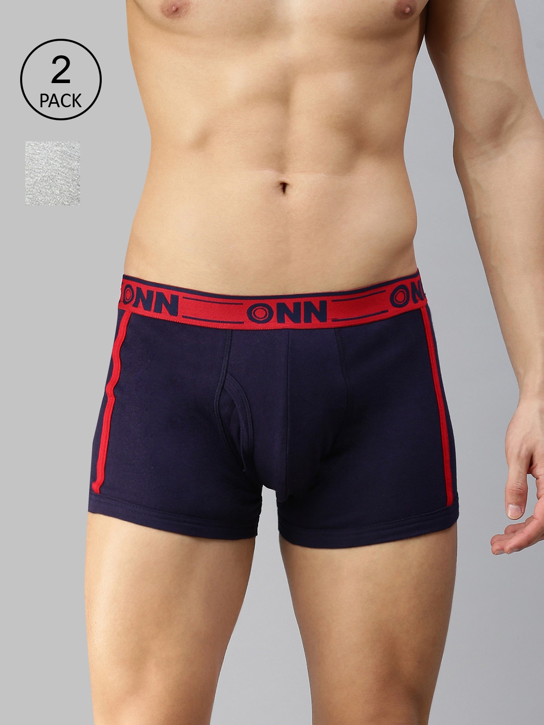 

ONN Men Pack of 2 Grey & Navy Blue Solid Cotton Blend Short Trunk