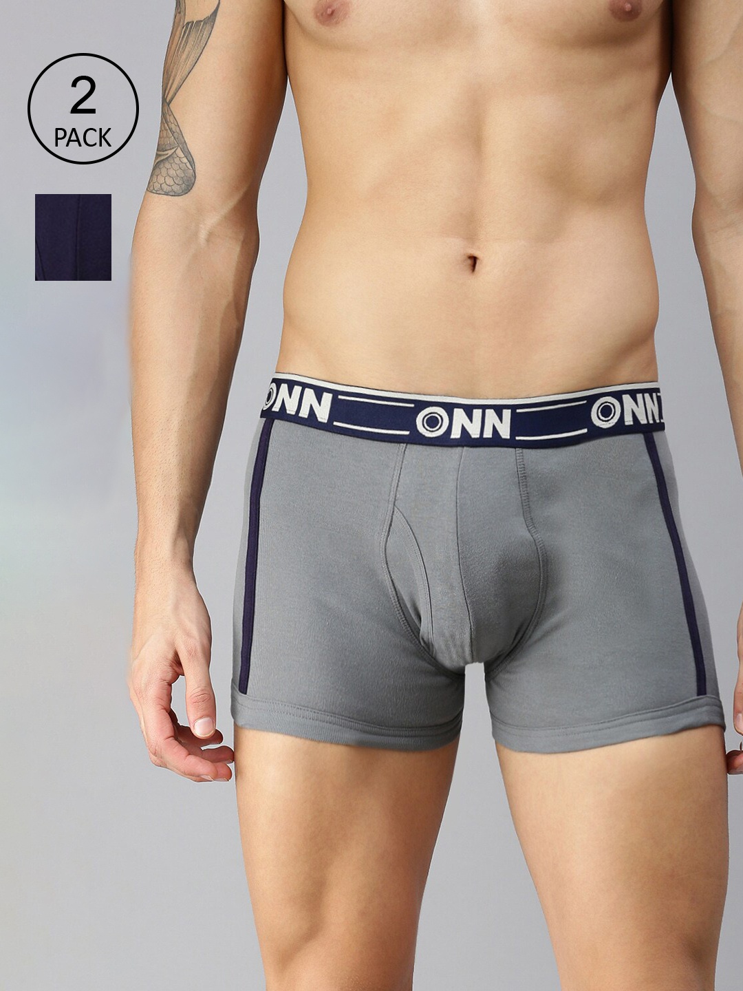 

ONN Men Pack of 2 Grey Melange & Navy Blue Solid Assorted Cotton Short Trunk