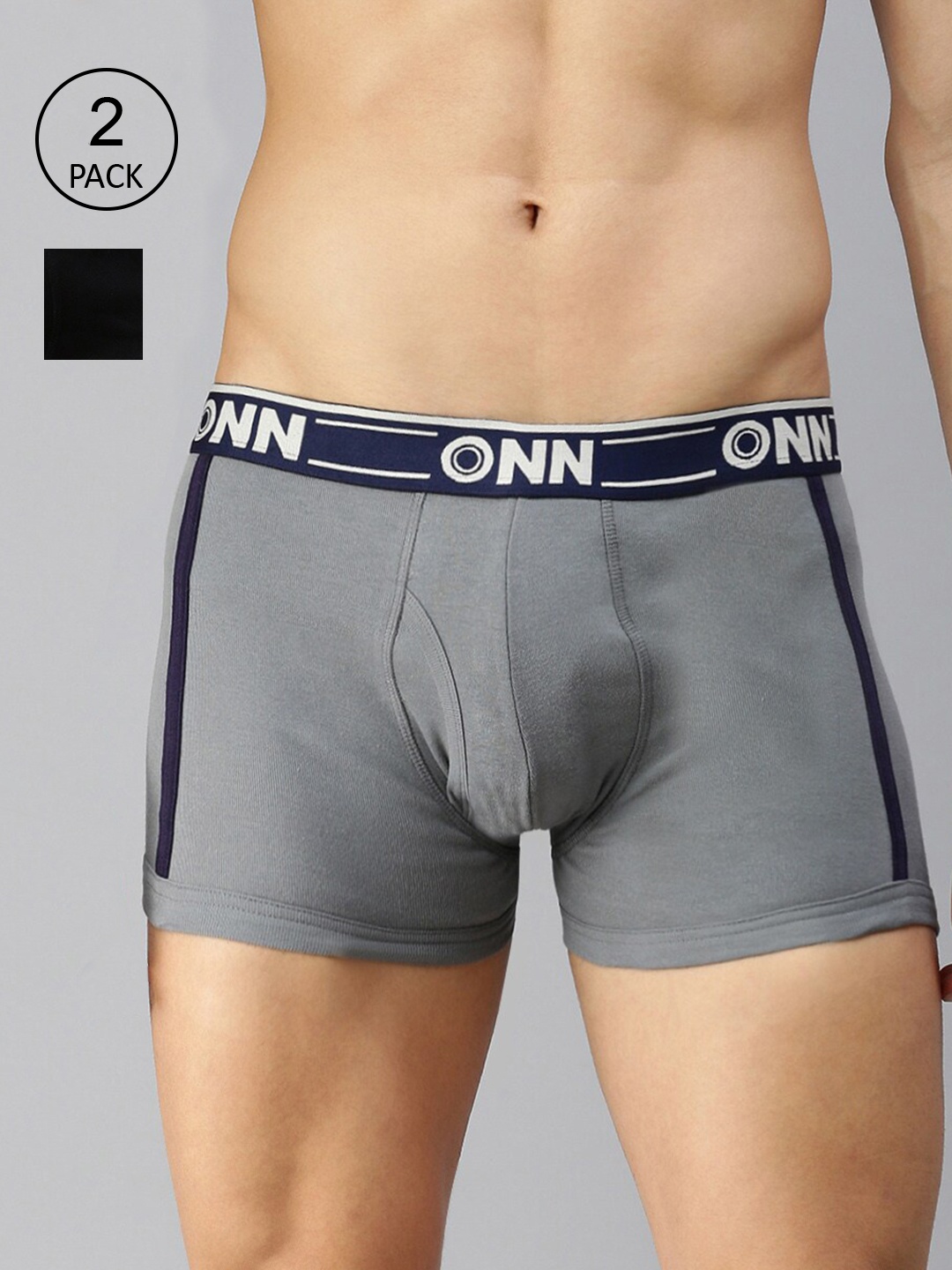 

ONN Men Pack Of 2 Black & Grey Melange Solid Cotton Blend Short Trunk