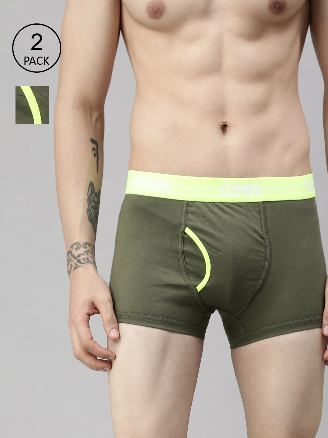 

ONN Men Pack of 2 Olive Green Solid Cotton Inner Elastic Trunks