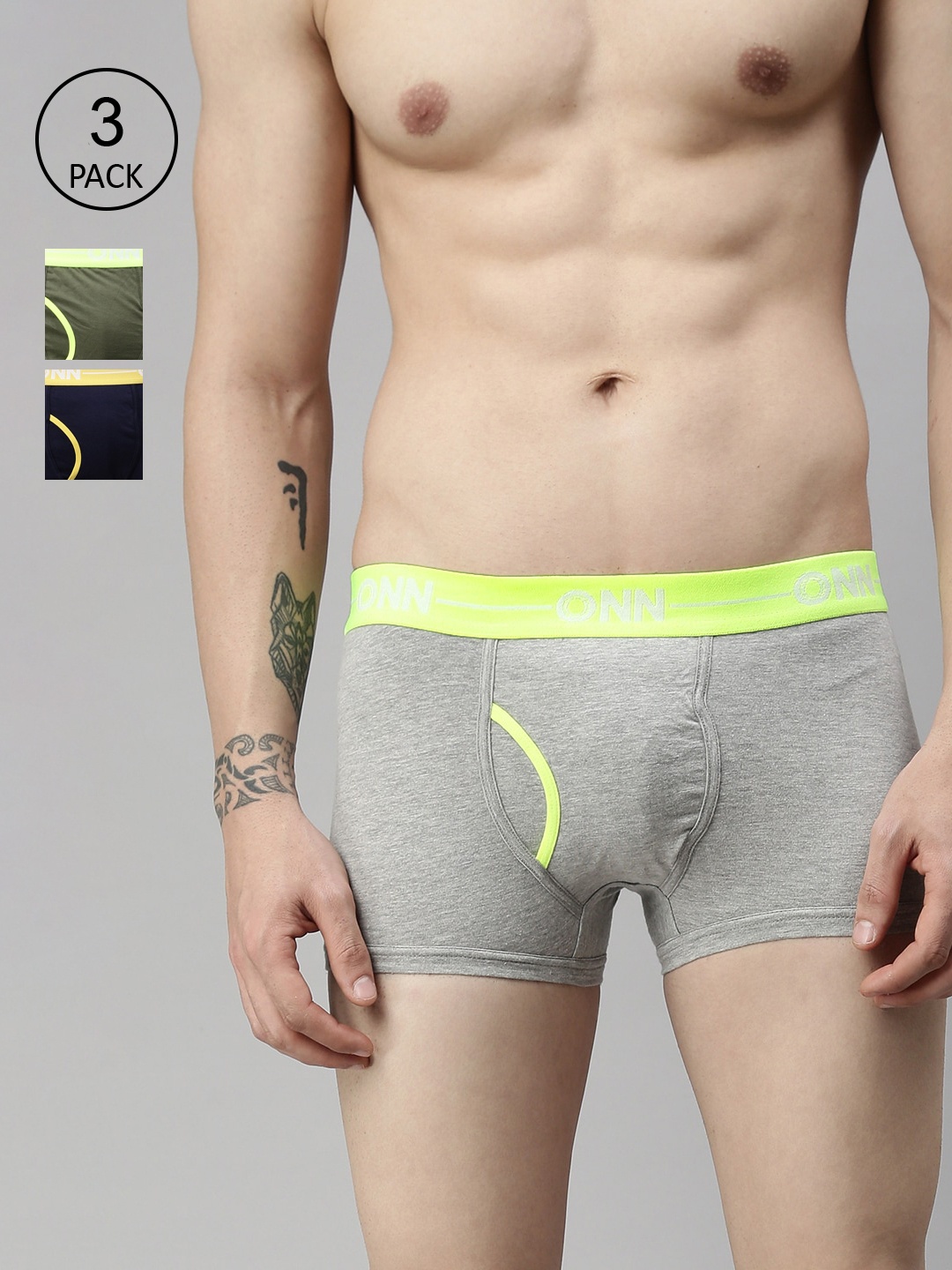 

ONN Men Solid Pack of 3 Light Grey, Navy, Olive Green Inner Elastic Trunks