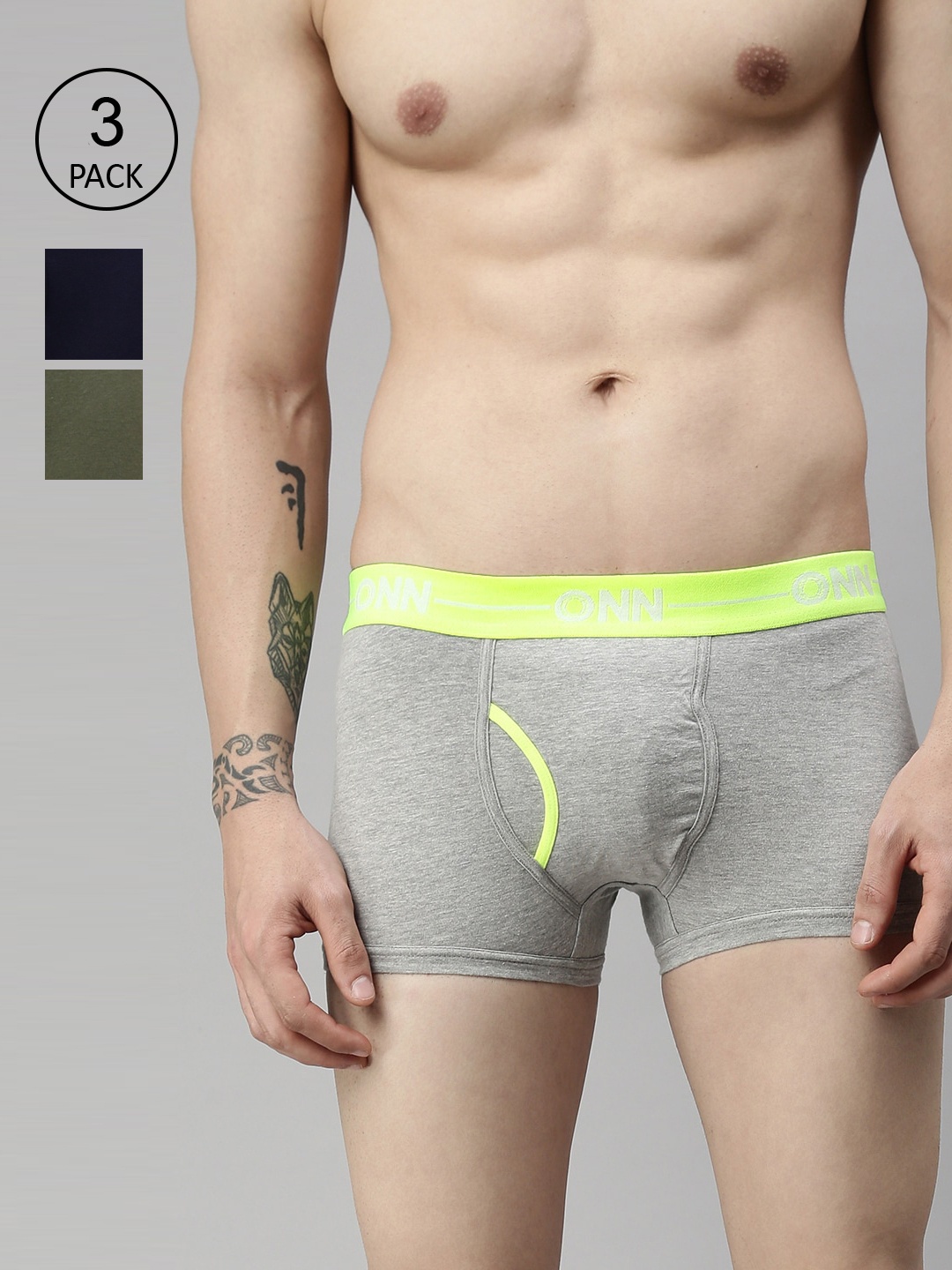 

ONN Men Plus Size Pack of 3 Solid Trunks ONN_264_LGREY_NB_OLV_3PC, Grey