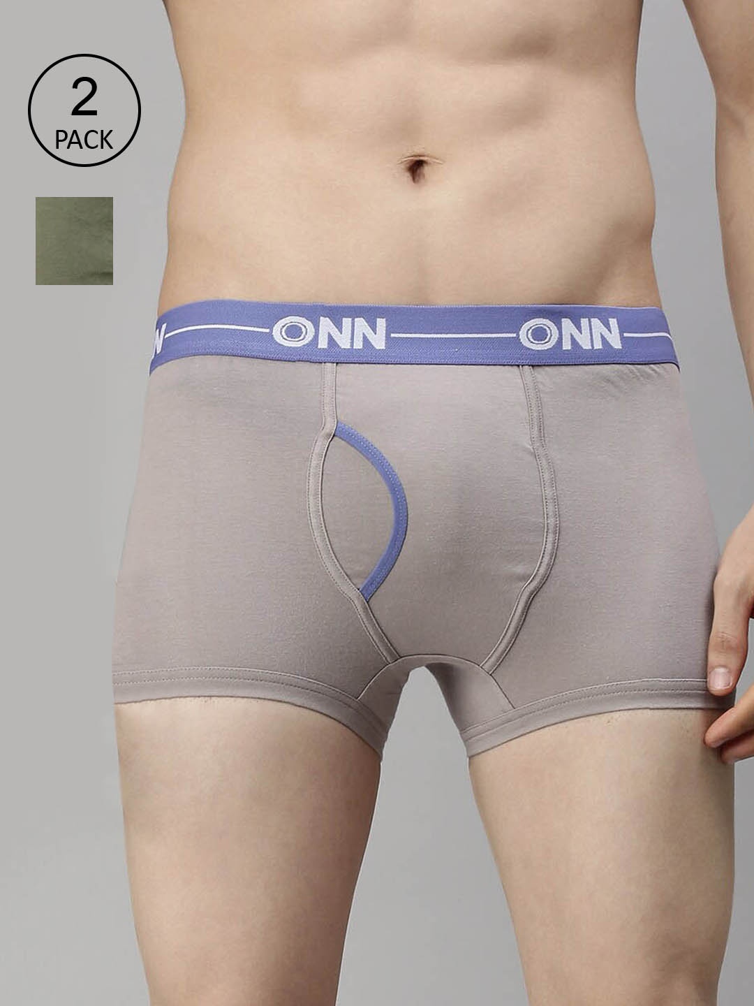 

ONN Men Pack of 2 Grey Melange and Olive Green Solid Trunks ONN_264_GM_OLV_2PC