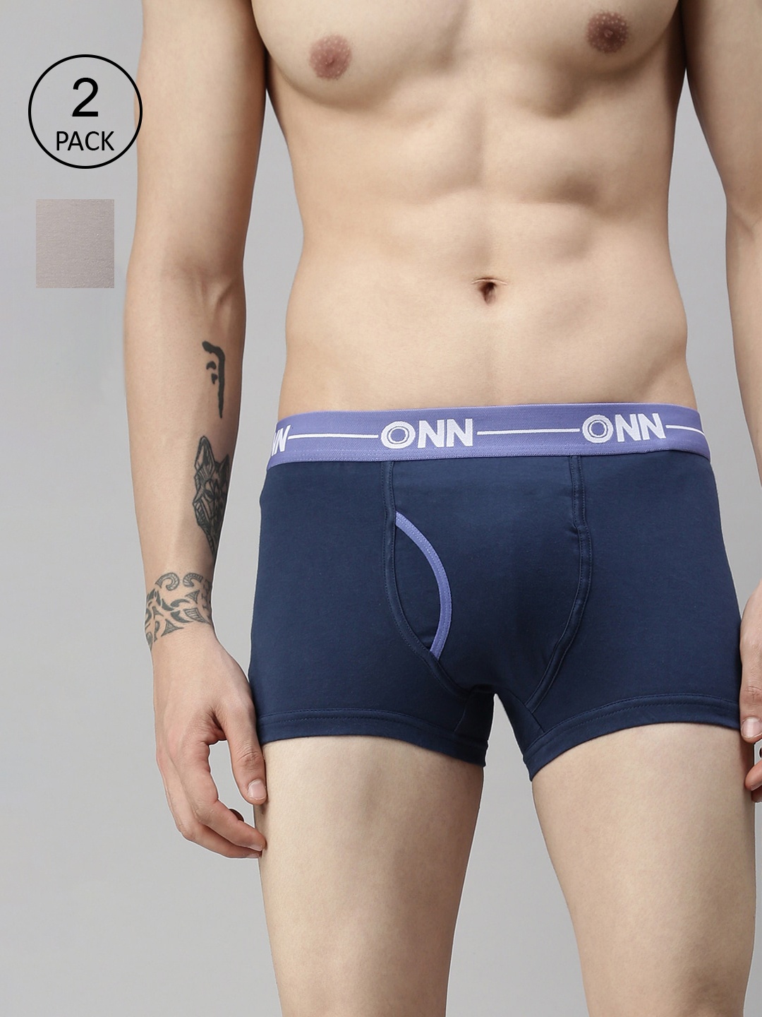 

ONN Men Pack of 2 Navy Blue & Grey Melange Solid Cotton Trunks ONN_264_AFBLU_GM_2PC