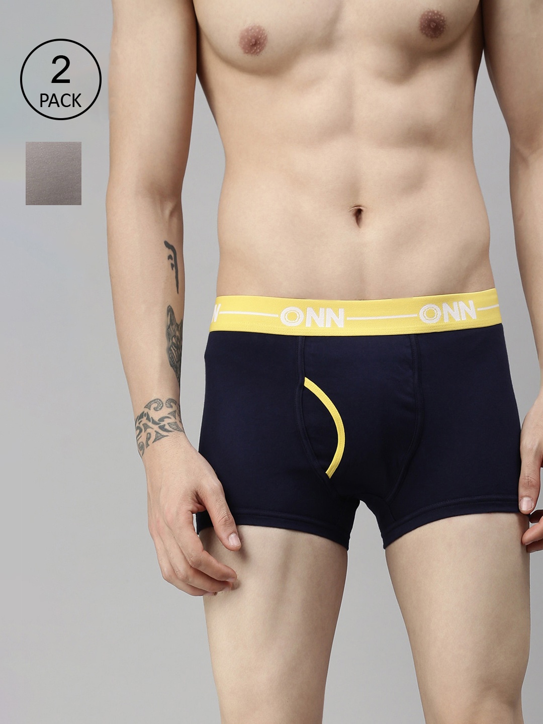 

ONN Men Pack of 2 Grey Melange and Navy Blue Trunks ONN_264_GM_NB_2PC