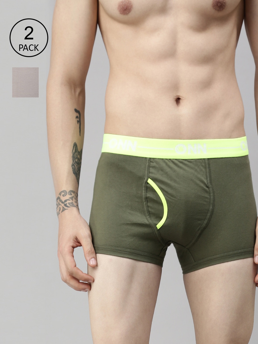 

ONN Men Plus Size Pack of 2 Grey Melange & Olive Green Solid Trunks ONN_264_GM_OLV_2PC
