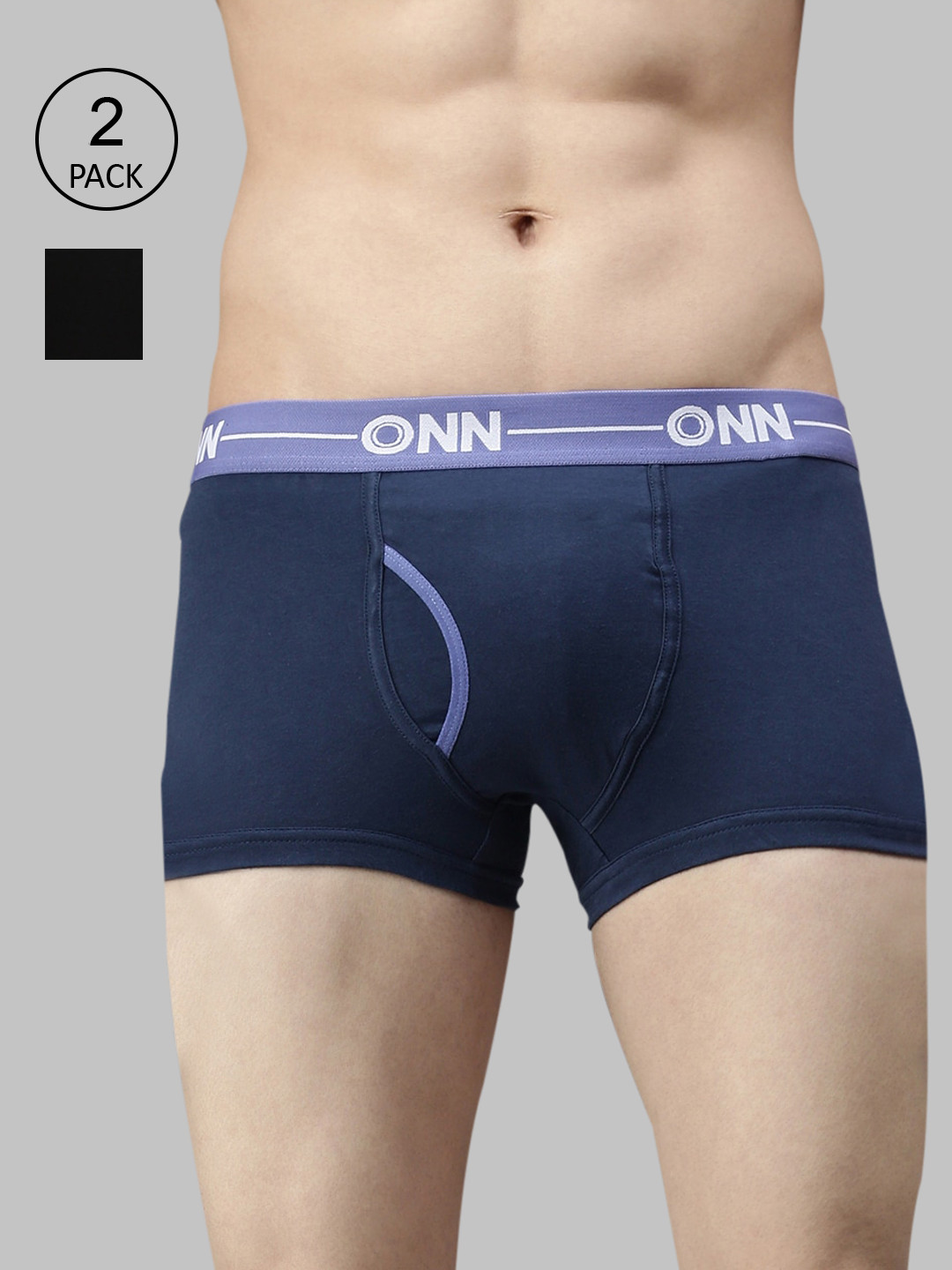 

ONN Men Pack Of 2 Navy Blue & Black Solid Cotton Blend Short Trunk