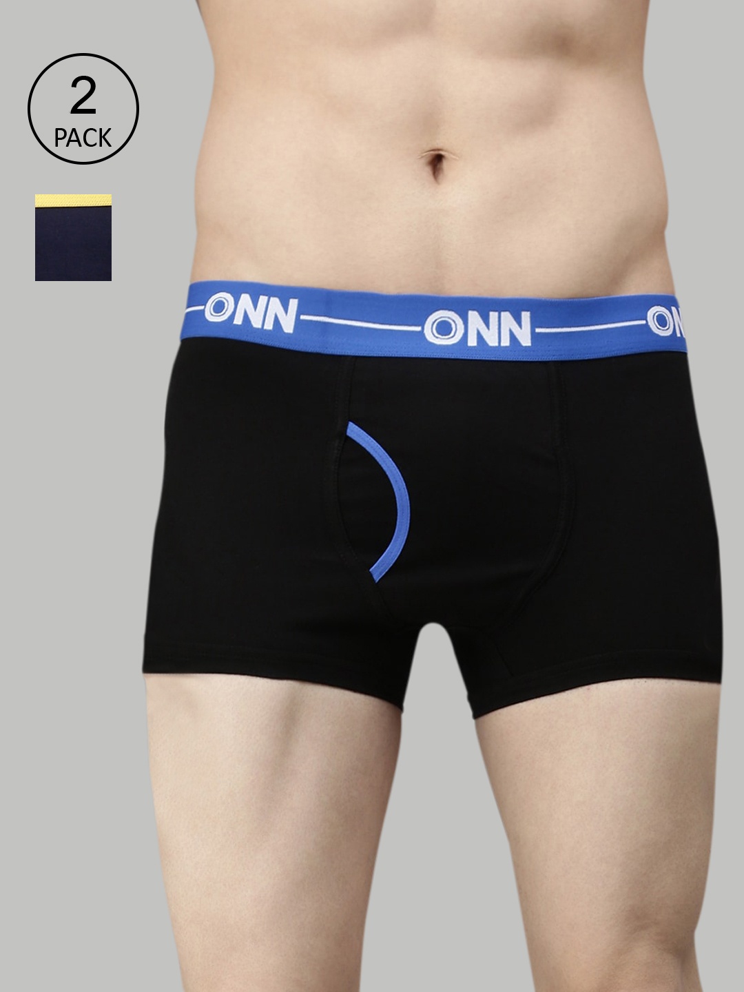 

ONN Men Pack Of 2 Black & Navy Blue Solid Inner Elastic Cotton Blend Short Trunk