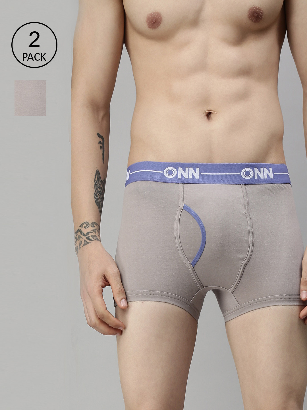 

ONN Men Pack of 2 Trunks Grey Melange Solid Inner Elastic Cotton Blend Trunk