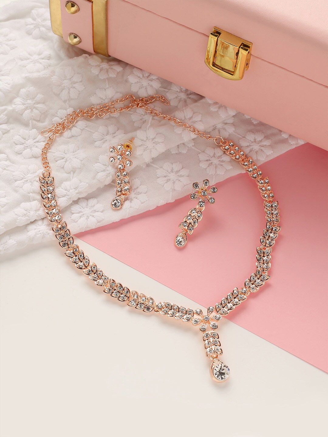 

MAD CLUB Rose-Gold Toned & Plated AD Floral Jewellery Set