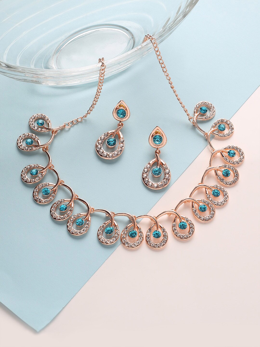 

MAD CLUB Women Turquoise Blue Gold-Plated AD Studded Necklace with Earrings