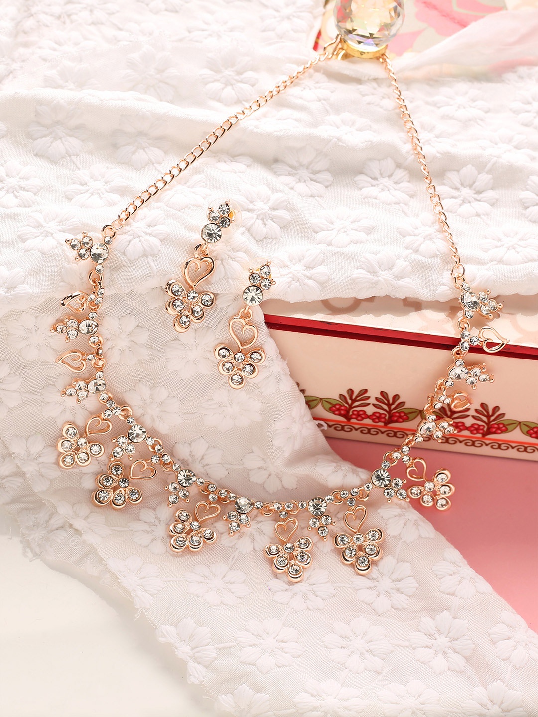 

MAD CLUB Rose Gold-Toned & White AD Studded Jewellery Set