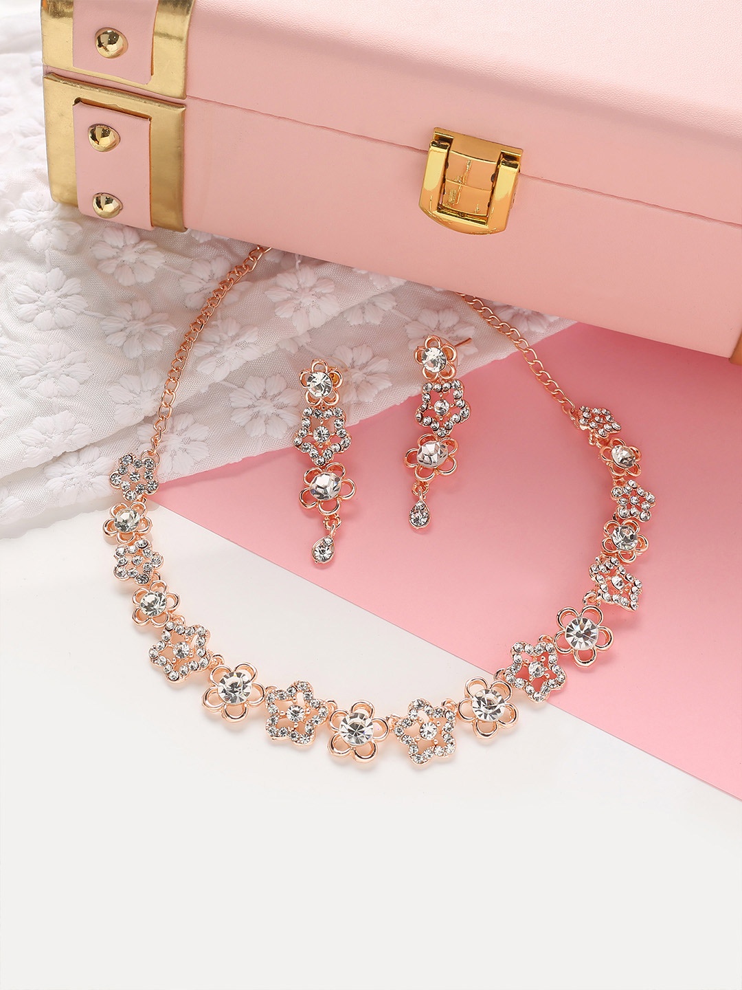 

MAD CLUB Rose Gold Plated & White American Diamond Studded Jewellery Set
