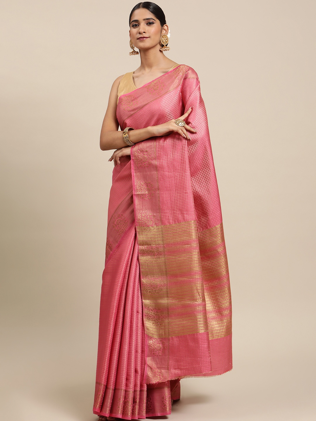 

Mitera Pink & Golden Checked Zari Art Silk Tussar Saree
