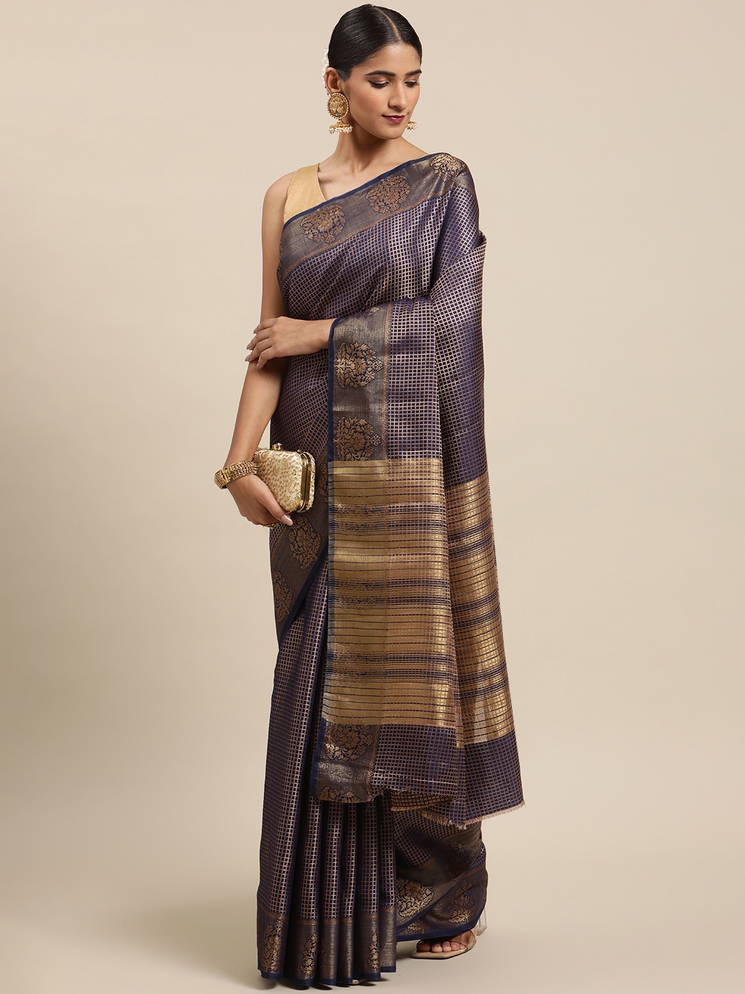

Mitera Blue & Golden Checked Zari Art Silk Tussar Saree