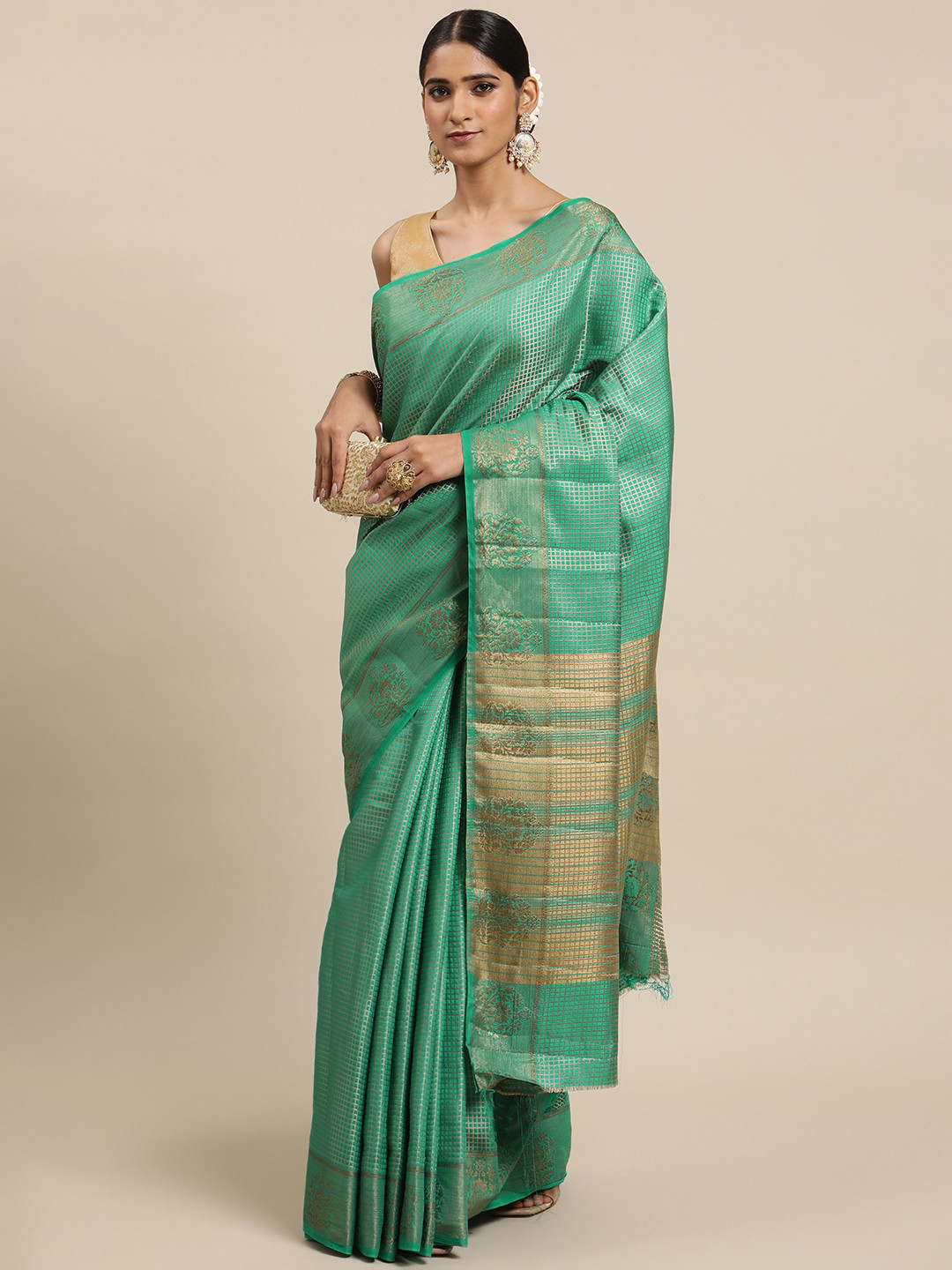 

Mitera Green & Golden Checked Zari Art Silk Tussar Saree