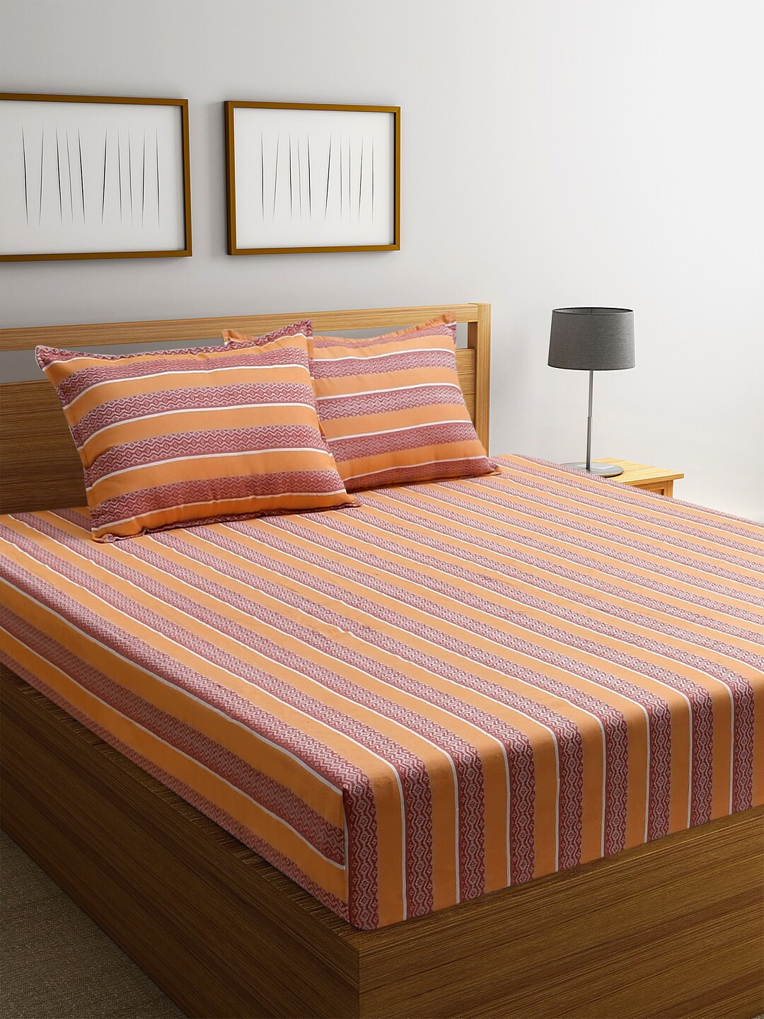 

BLANC9 Striped 150 TC Queen Cotton Bedsheet with 2 Pillow Covers, Orange