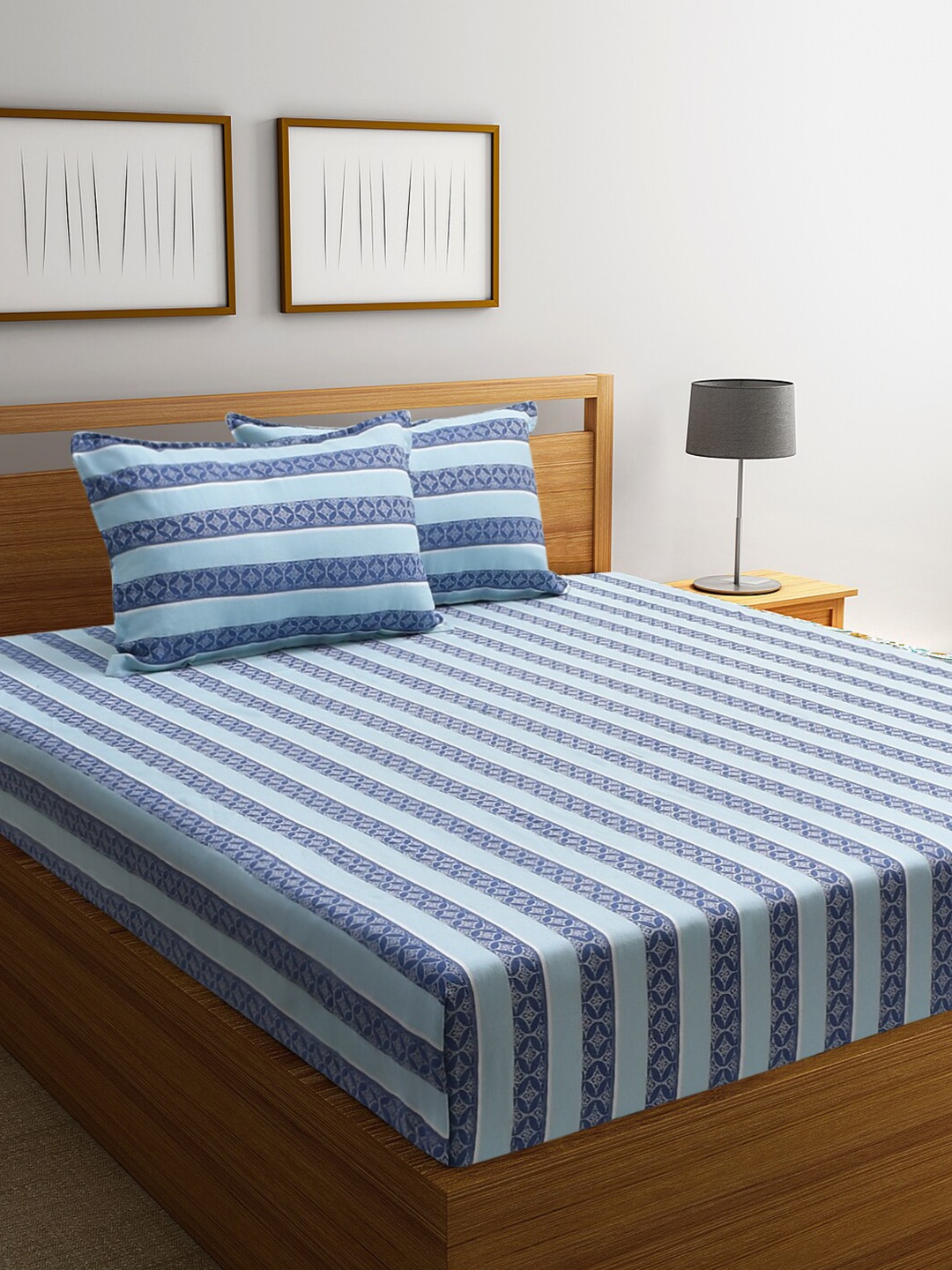 

BLANC9 Striped 150 TC Queen Cotton Bedsheet with 2 Pillow Covers, Blue